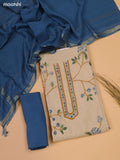 Beige and Teal Blue Chanderi Dress Material with Kantha Stitch Work Neck Pattern and Bottom & Dupatta