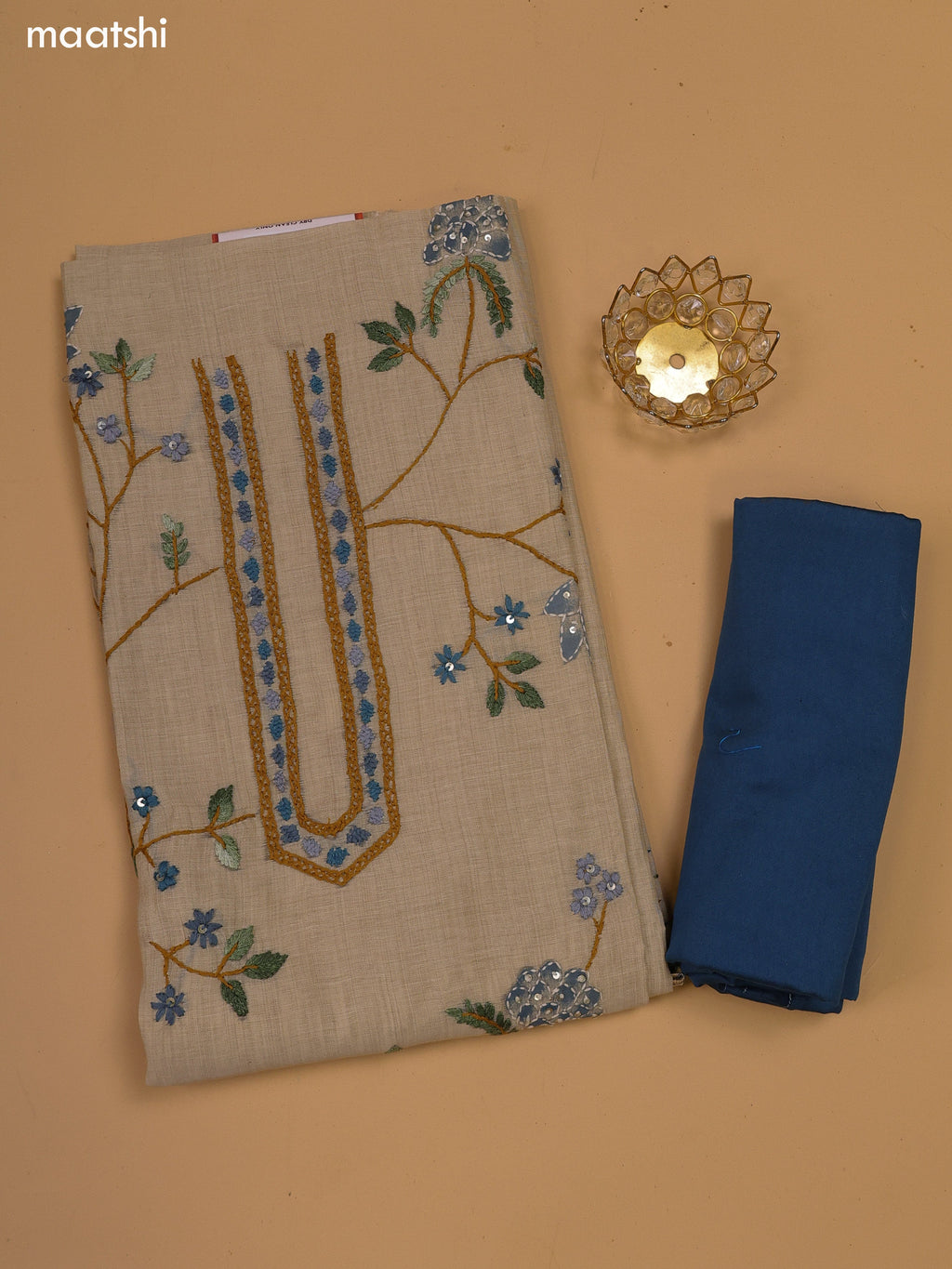 Beige and Teal Blue Chanderi Dress Material with Kantha Stitch Work Neck Pattern and Bottom & Dupatta