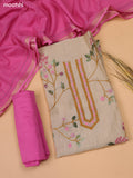 Beige and Magenta Pink Chanderi Dress Material With Kantha Stitch Work Pattern and Bottom & Dupatta