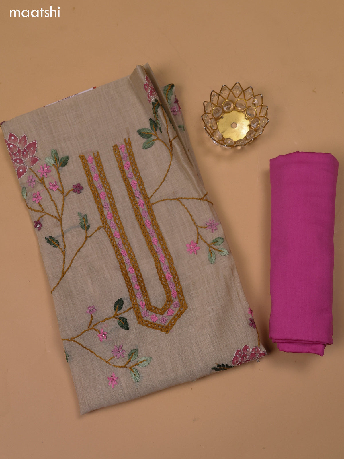 Beige and Magenta Pink Chanderi Dress Material With Kantha Stitch Work Pattern and Bottom & Dupatta