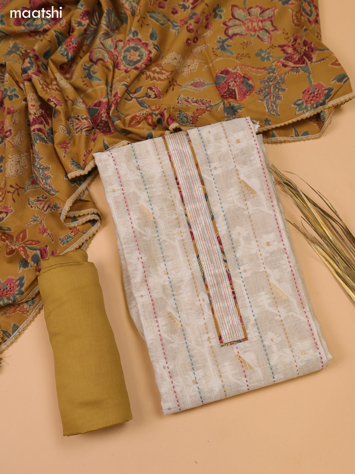 Beige and Mustard Chanderi Dress Material and Bottom & Dupatta