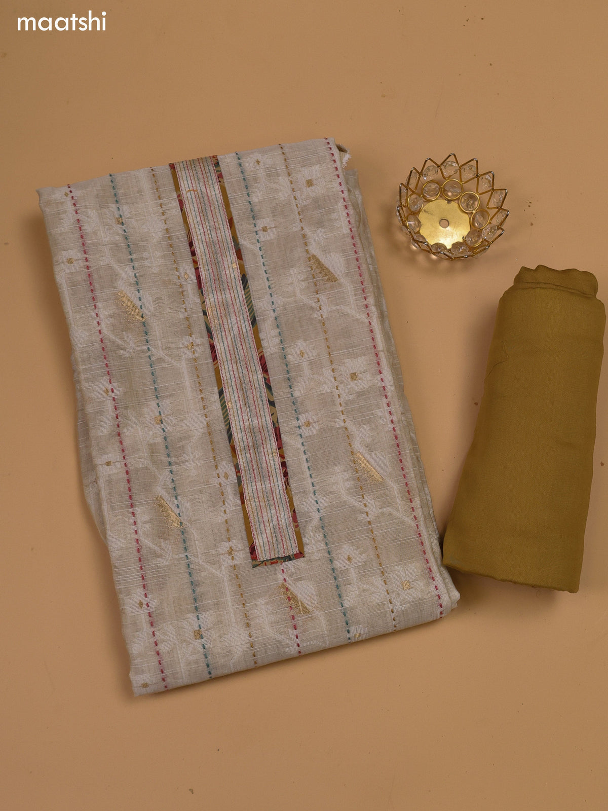 Beige and Mustard Chanderi Dress Material and Bottom & Dupatta