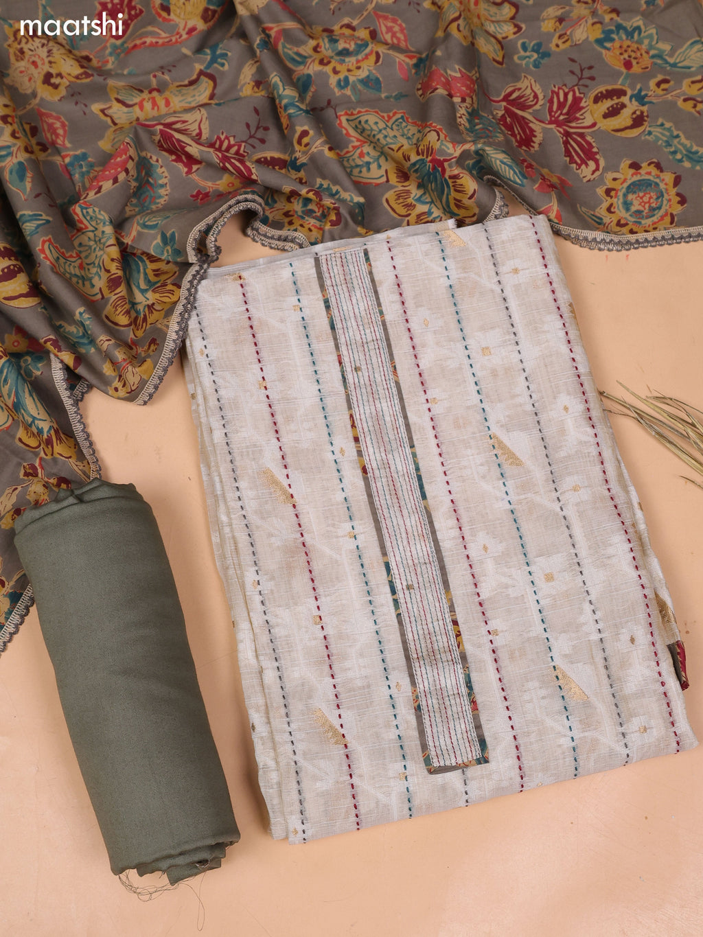Beige and Elaichi Green Chanderi Dress Material and Bottom & Dupatta