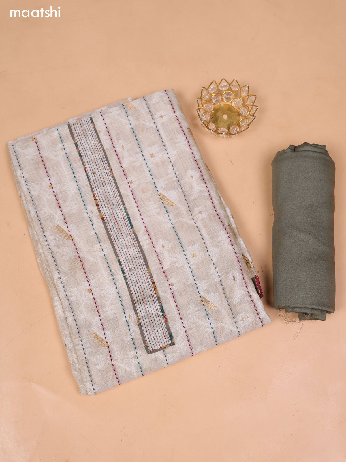 Beige and Elaichi Green Chanderi Dress Material and Bottom & Dupatta
