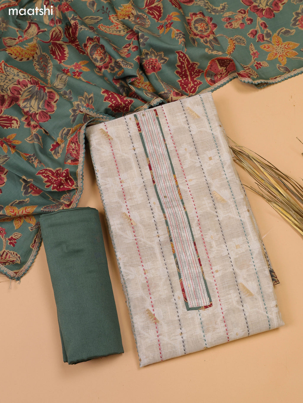 Beige and Pastel Green Chanderi Dress Material and Bottom & Dupatta