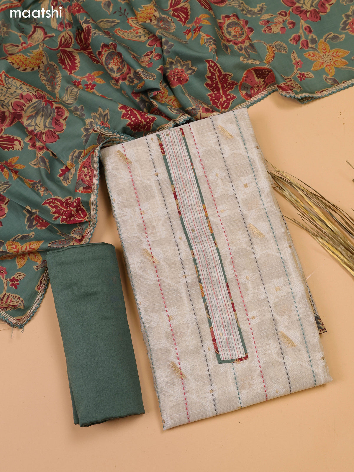 Beige and Pastel Green Chanderi Dress Material and Bottom & Dupatta