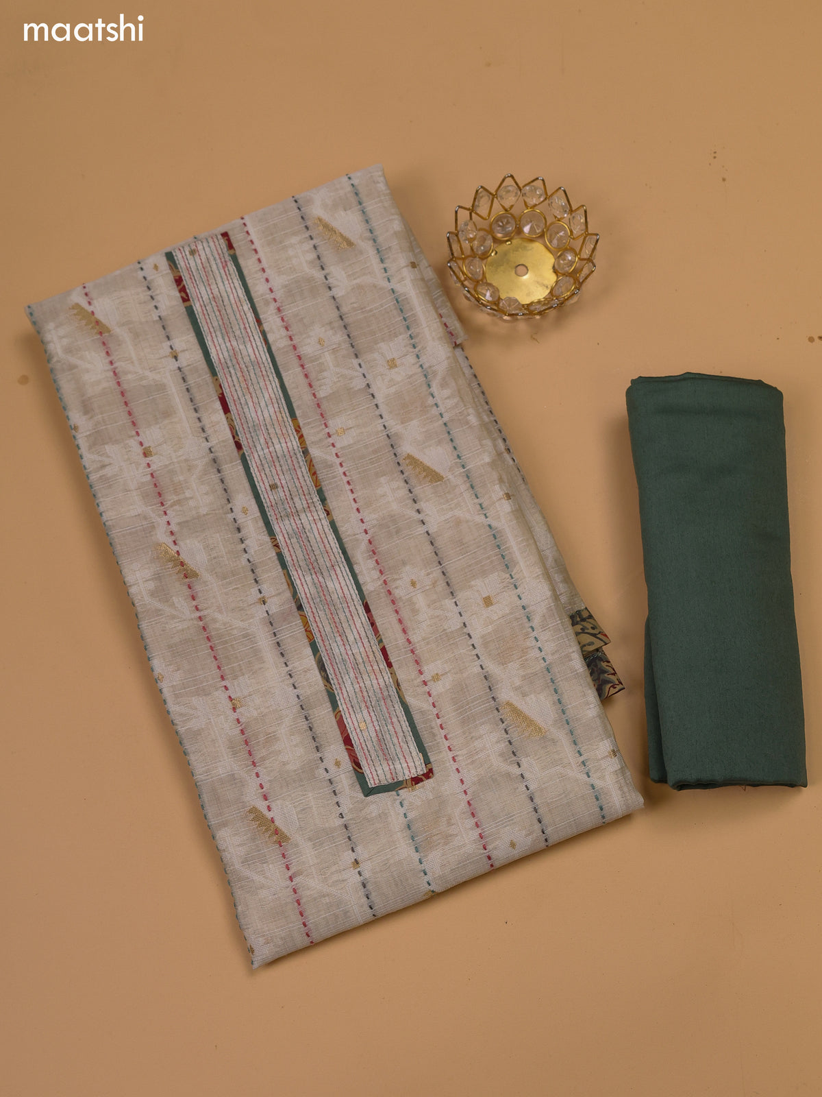 Beige and Pastel Green Chanderi Dress Material and Bottom & Dupatta