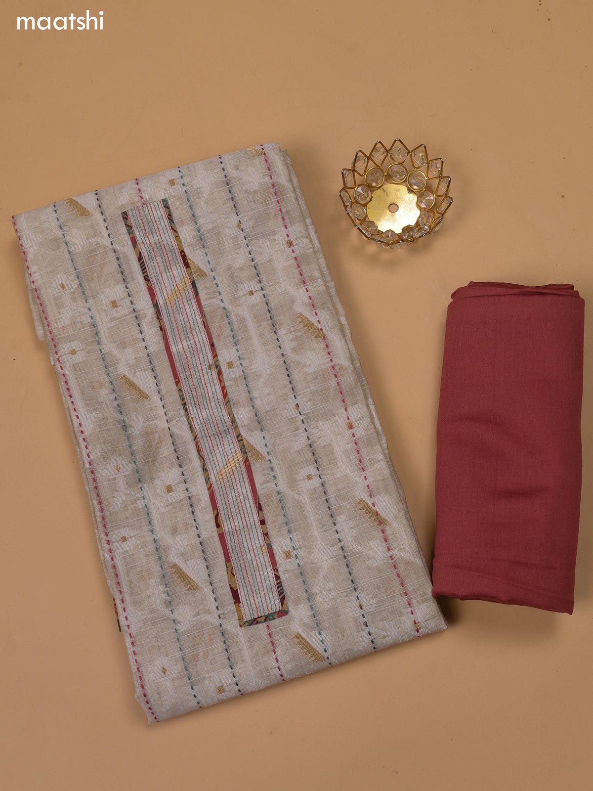 Beige and Dark Peach Chanderi Dress Material and Bottom & Dupatta
