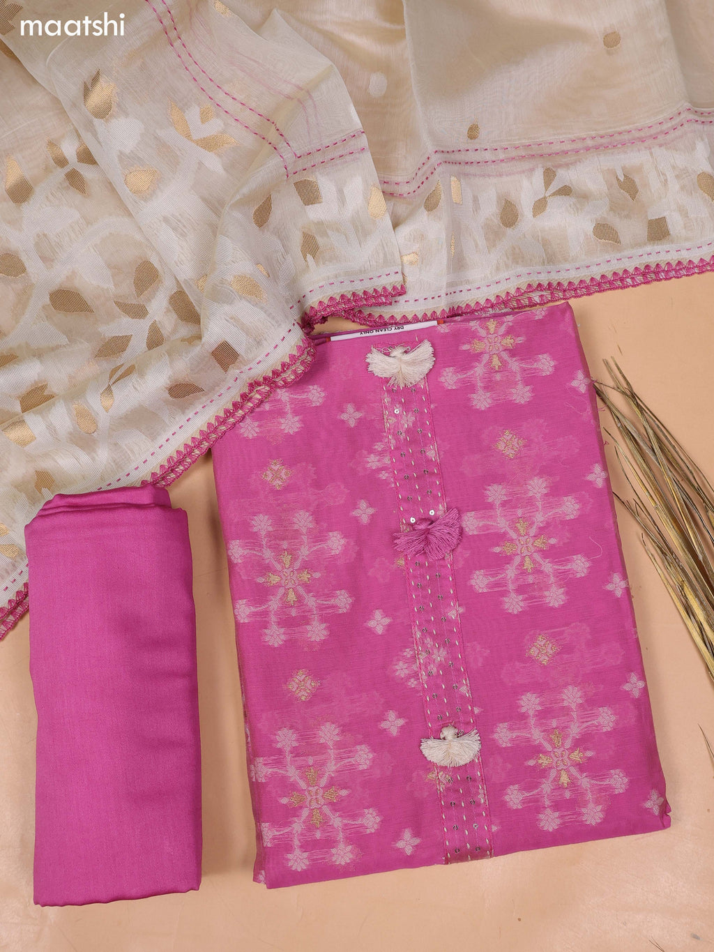 Pink and Beige Chanderi Dress Material and Bottom & Dupatta