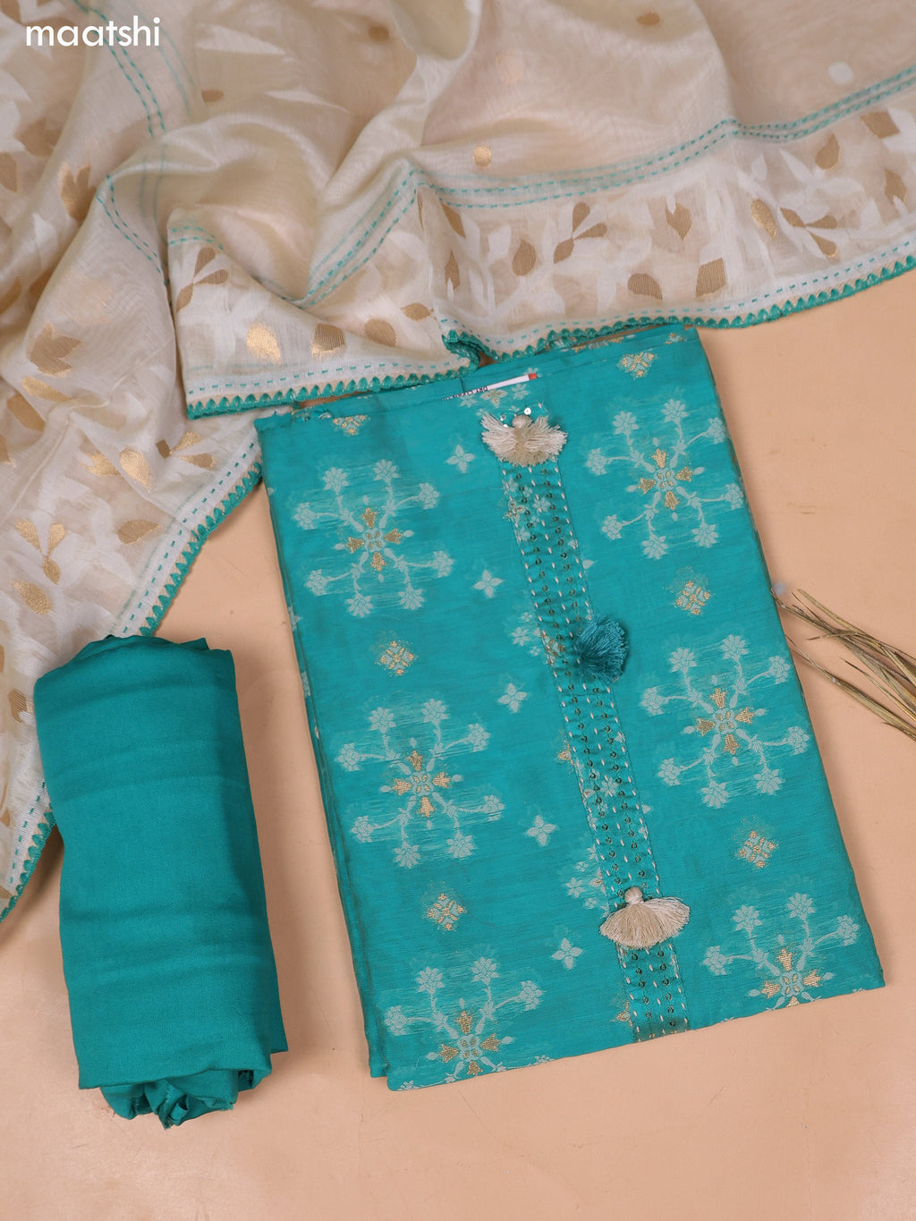 Teal Green and Off White Chanderi Dress Material and Bottom & Dupatta