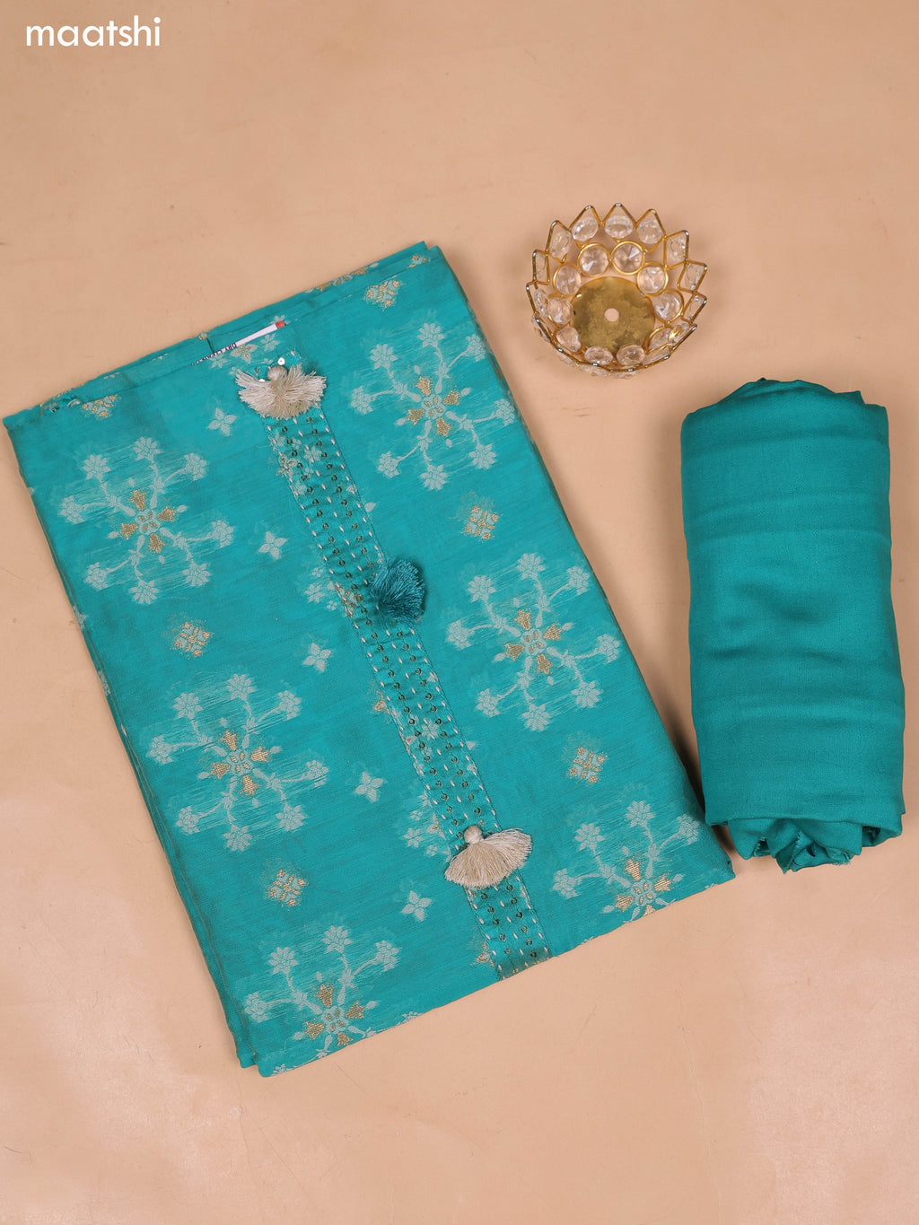 Teal Green and Off White Chanderi Dress Material and Bottom & Dupatta