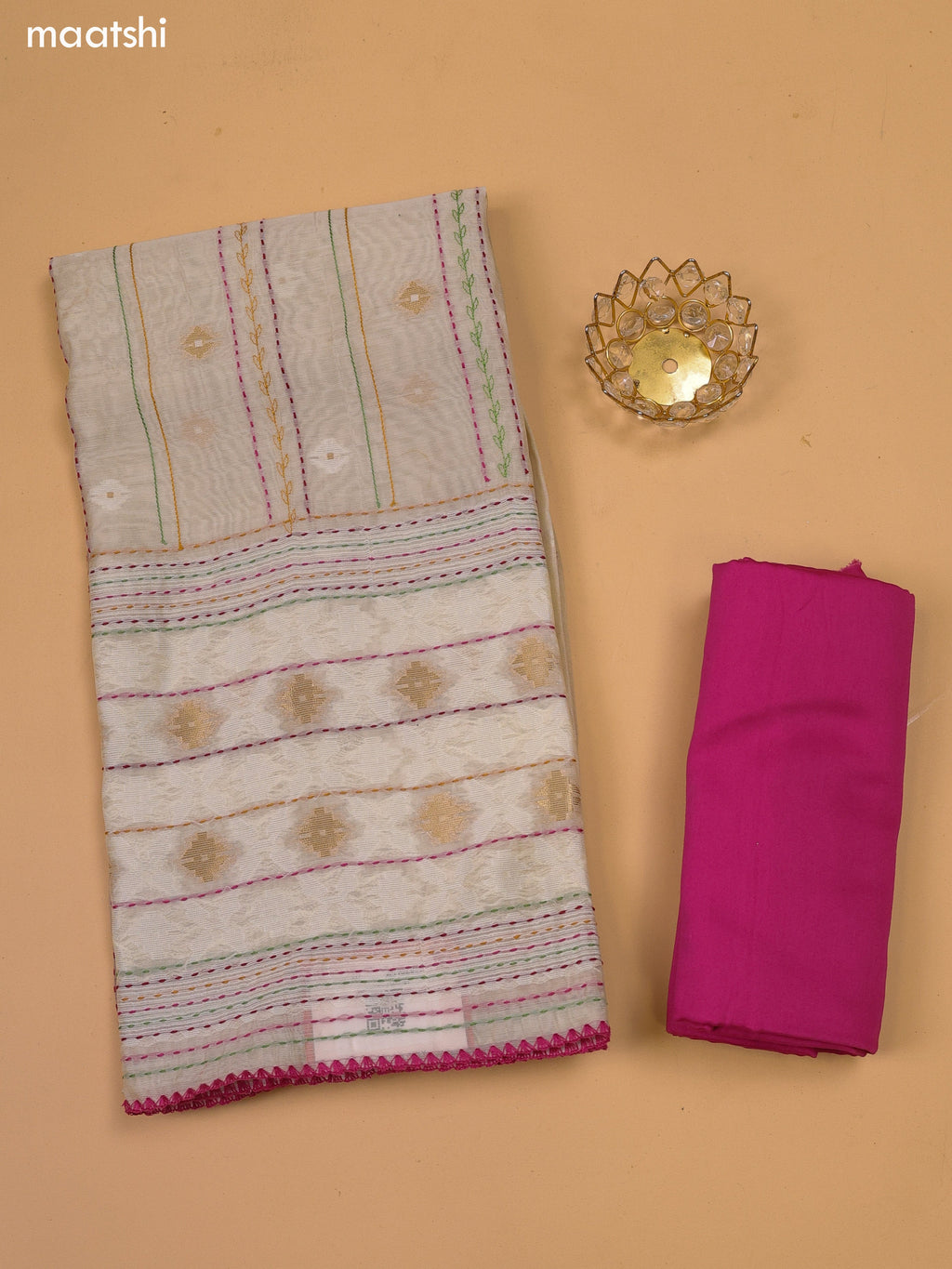 Beige & Magenta Pink Chanderi Dress Material and Bottom & Dupatta