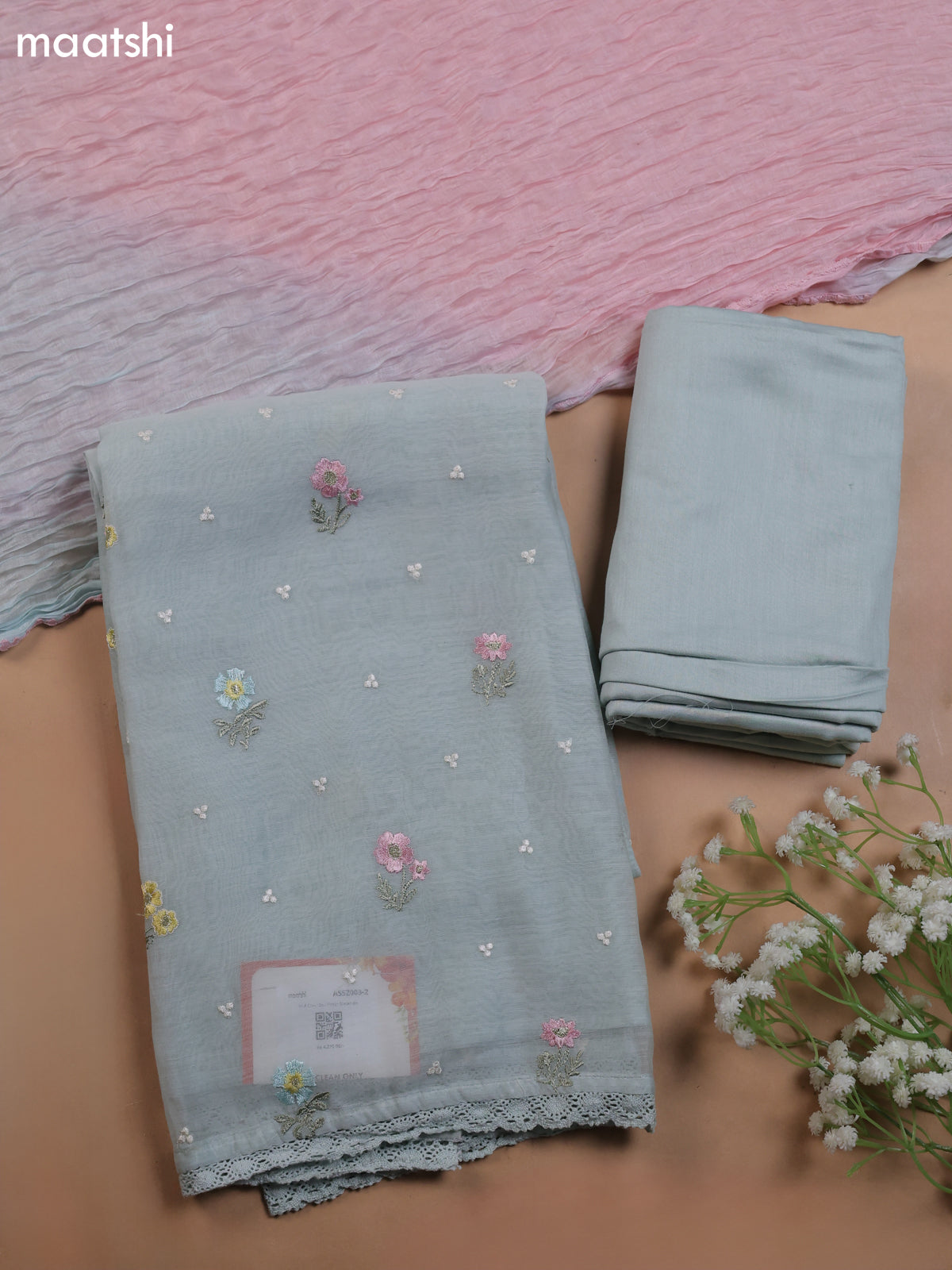 Pastel Blue Mul Chanderi Dress Material With Floral Embroidery Work Buttas & Lace Work Border