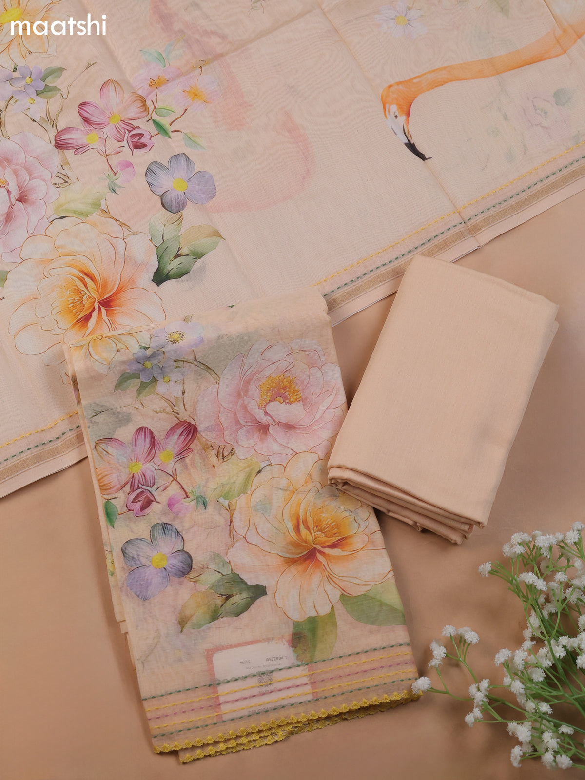 Mild Peach Mul Chanderi Dress Material With Allover Floral Prints