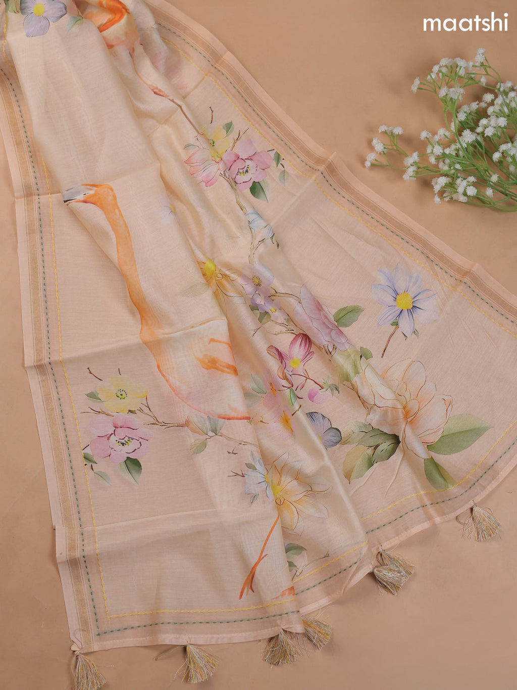 Mild Peach Mul Chanderi Dress Material With Allover Floral Prints