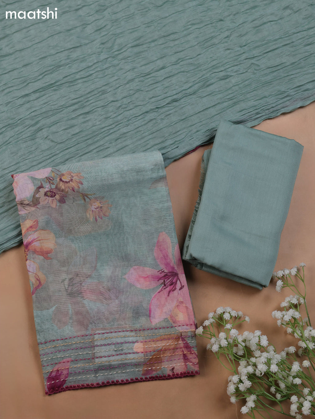 Pastel Green Mul Chanderi Dress Material With Allover Floral Prints