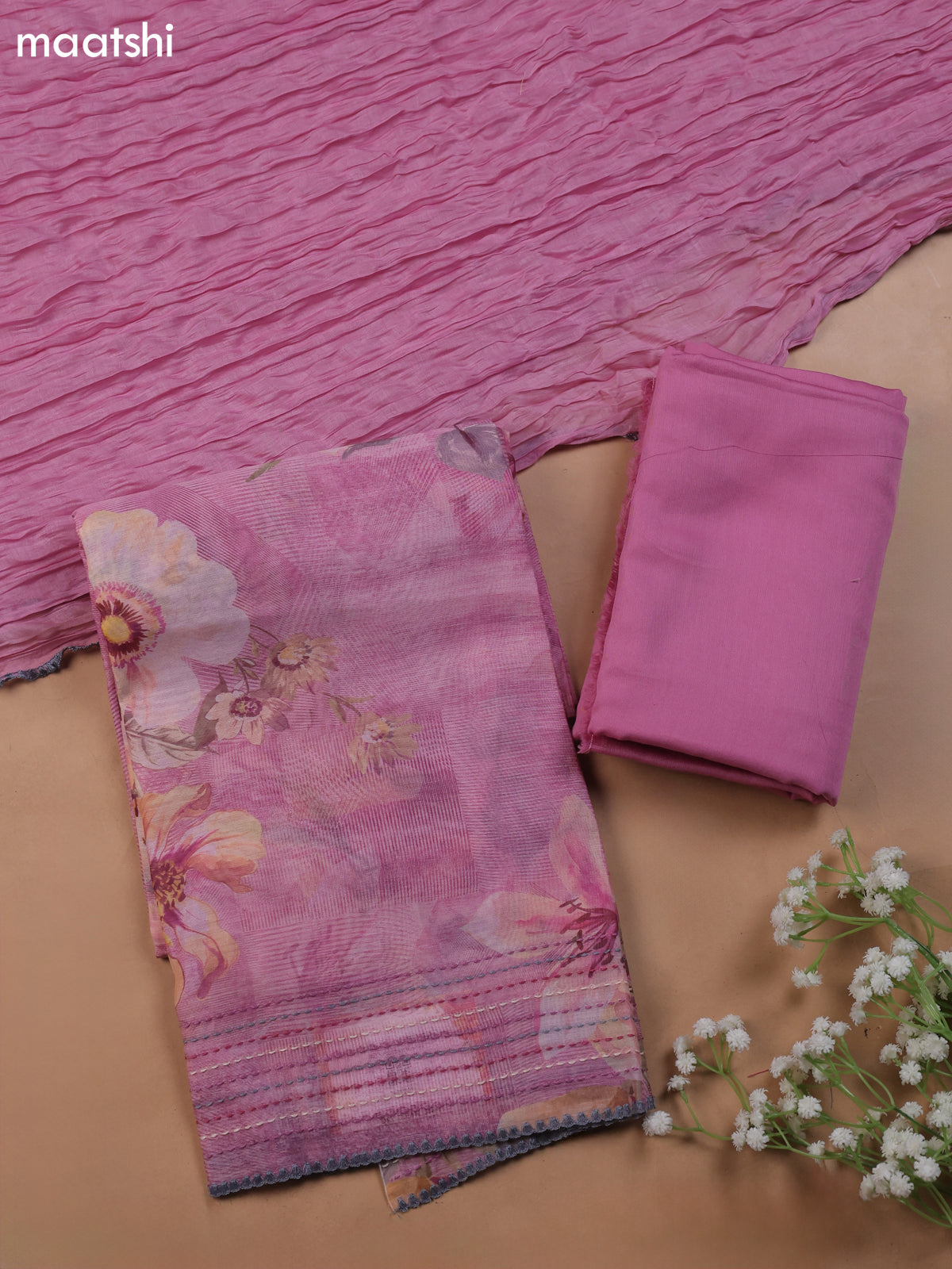 Peach Pink Mul Chanderi Dress Material With Allover Floral Prints