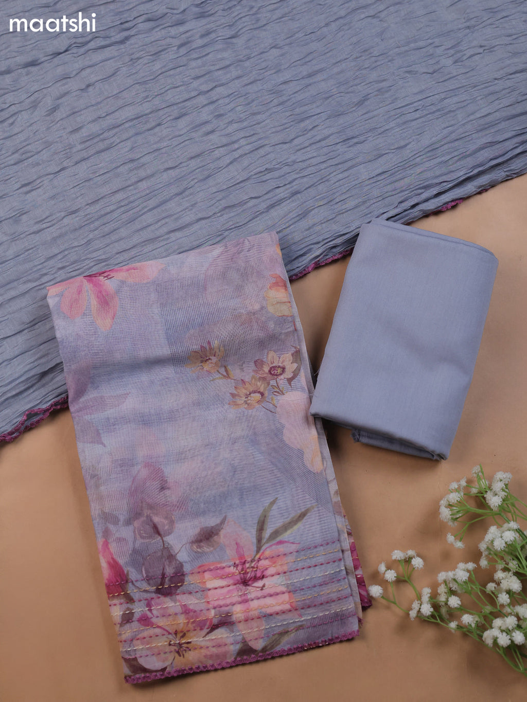 Grey Mul Chanderi Dress Material With Allover Floral Prints