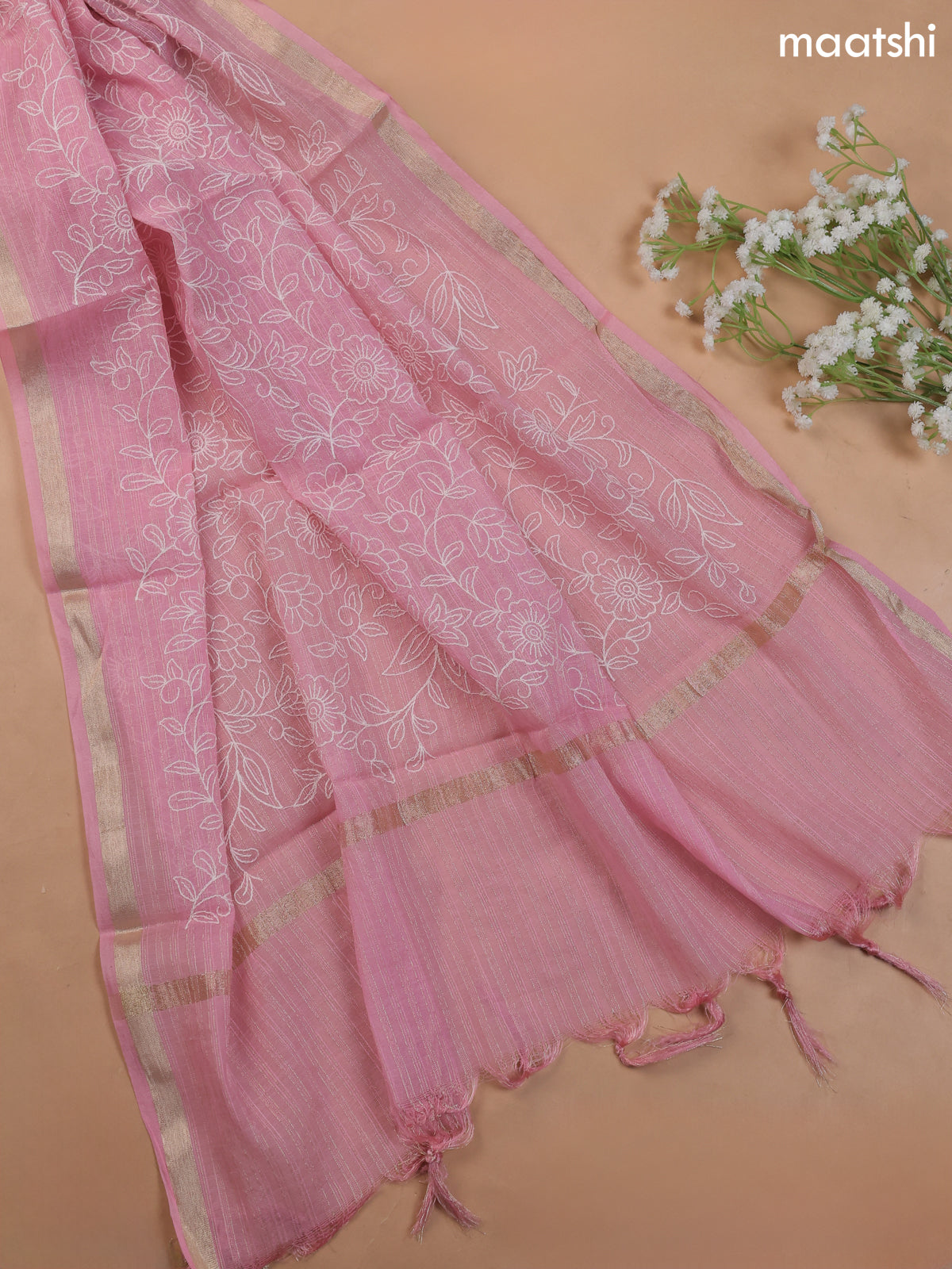 Peach Pink Mul Chanderi Dress Material With Floral Embroidery Work Buttas