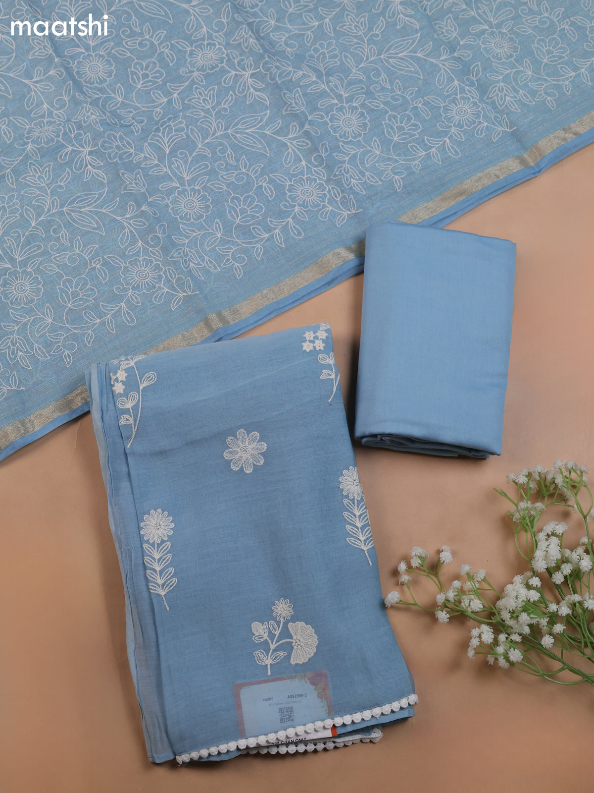 Pastel Blue Mul Chanderi Dress Material With Floral Embroidery Work Buttas