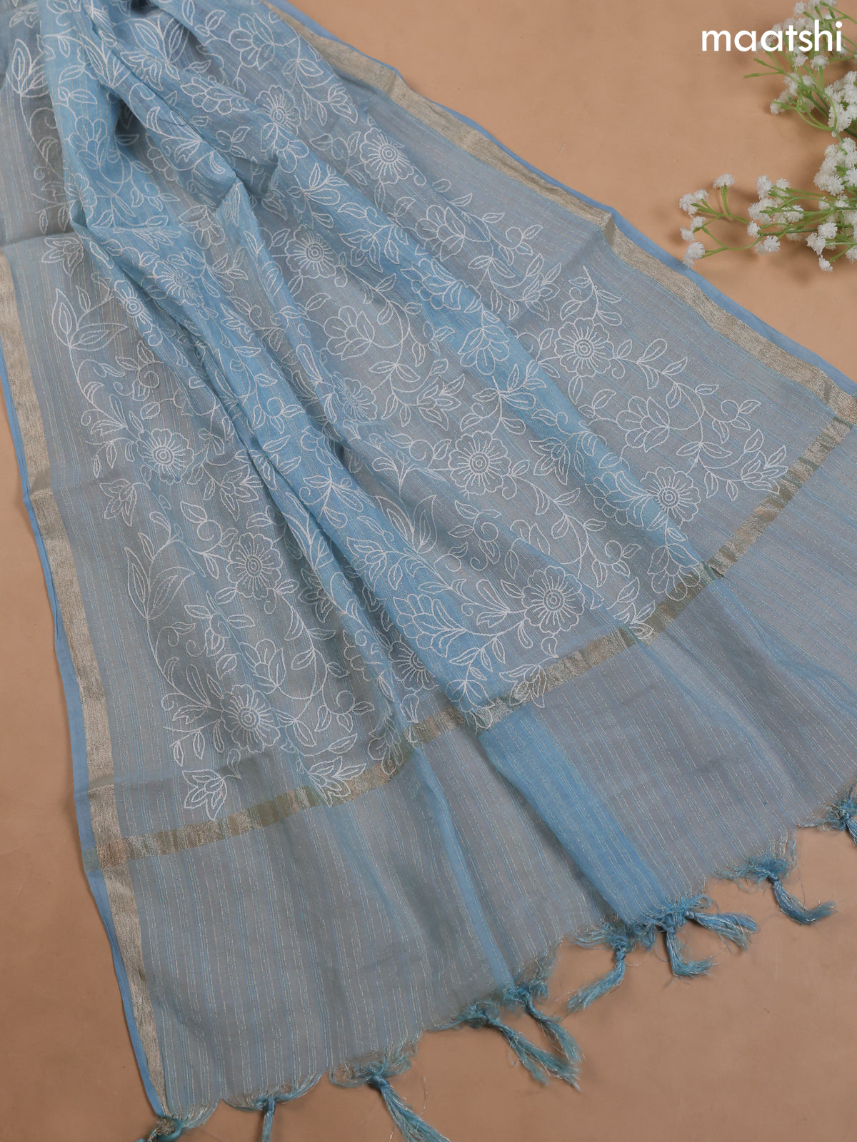 Pastel Blue Mul Chanderi Dress Material With Floral Embroidery Work Buttas