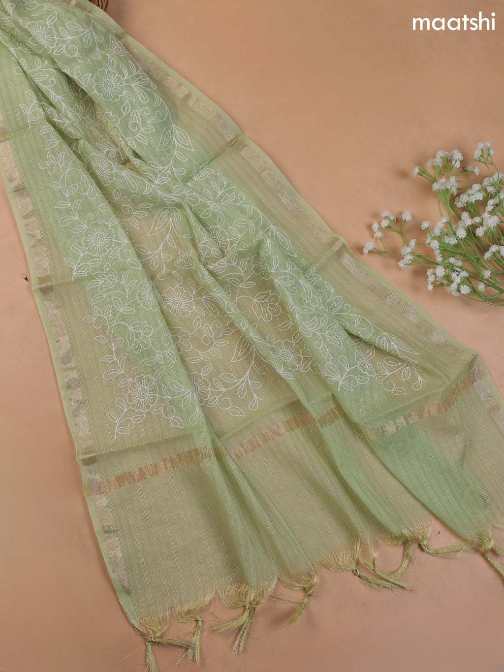 Pastel Green Mul Chanderi Dress Material With Floral Embroidery Work Buttas