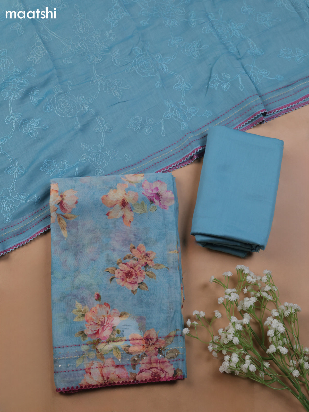 Light Blue Mul Chanderi Dress Material With Allover Floral Prints