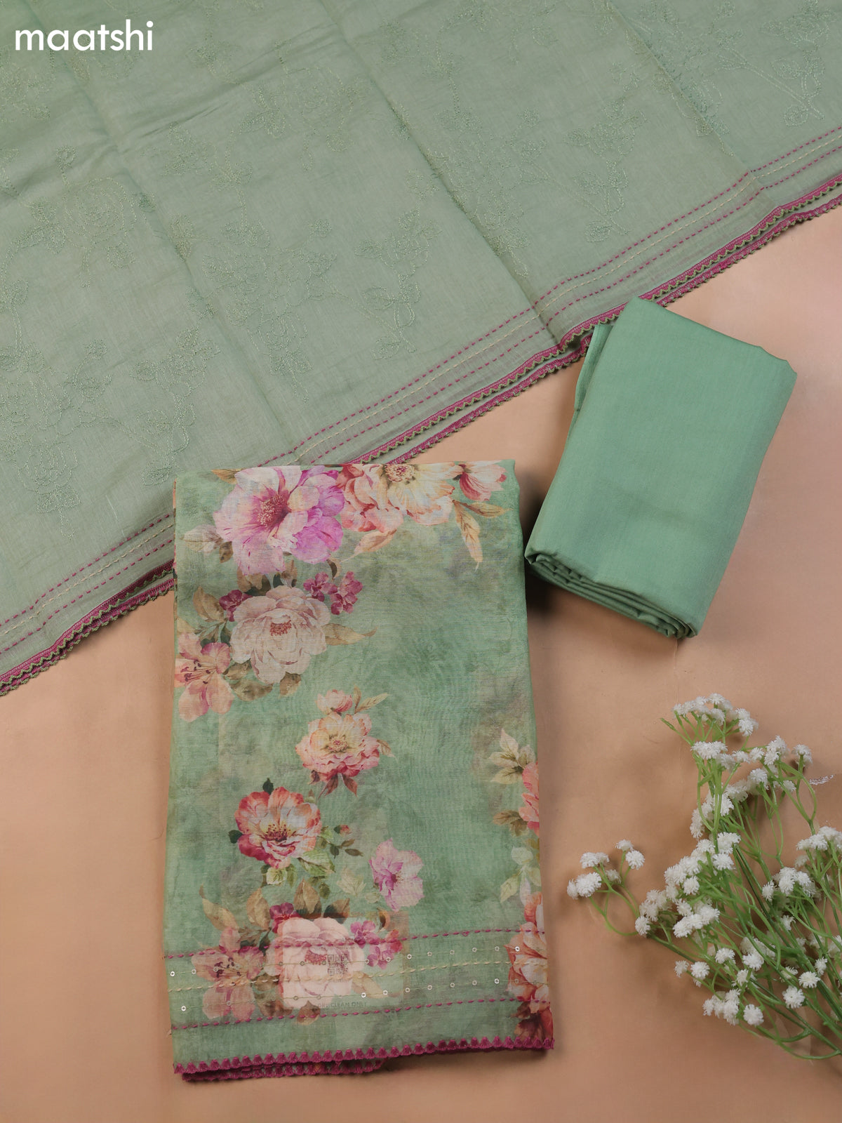 Pastel Green Mul Chanderi Dress Material With Allover Floral Prints