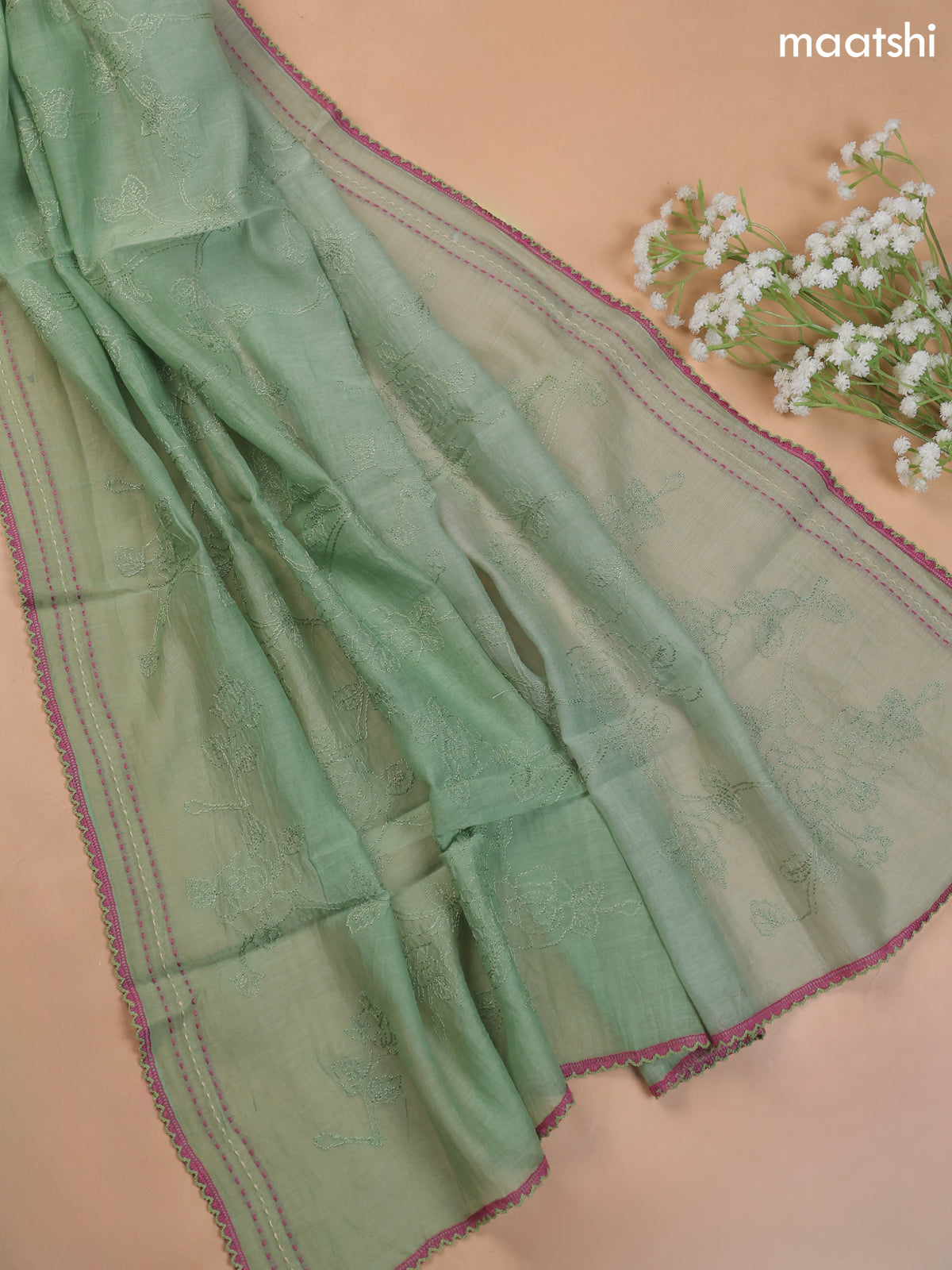 Pastel Green Mul Chanderi Dress Material With Allover Floral Prints