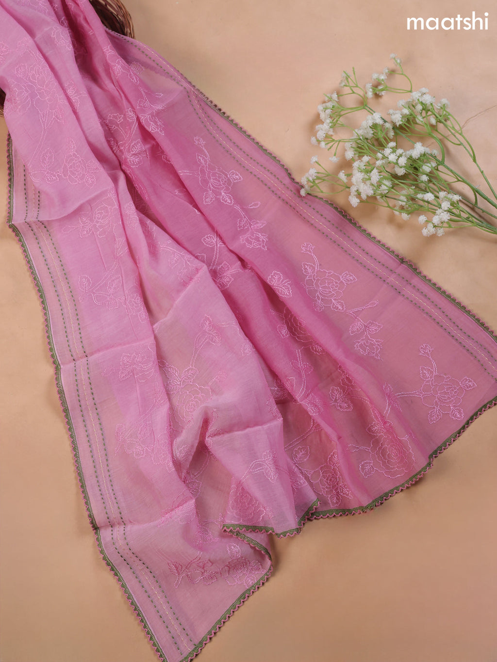 Peach Pink Mul Chanderi Dress Material With Allover Floral Prints