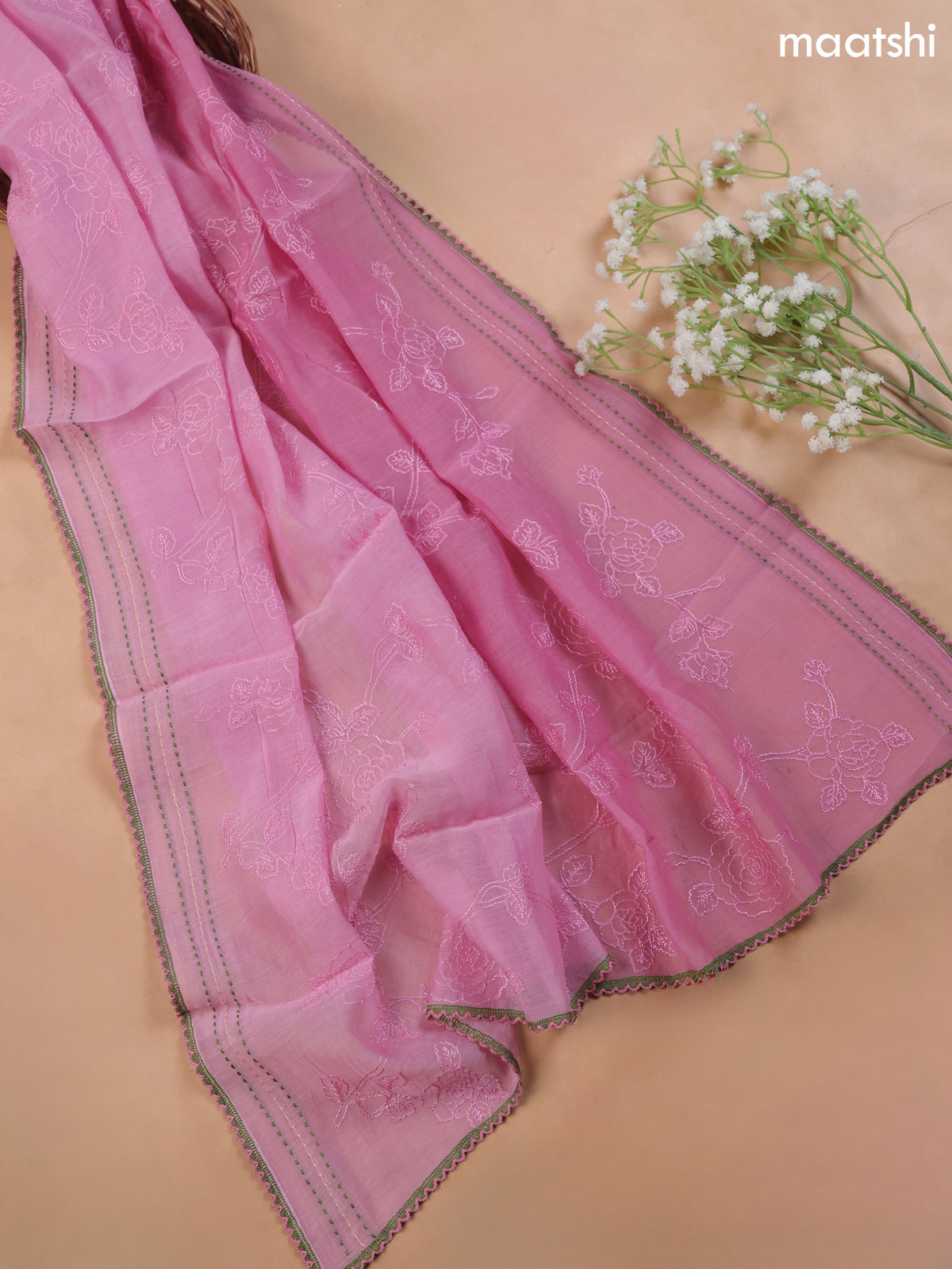 Peach Pink Mul Chanderi Dress Material With Allover Floral Prints