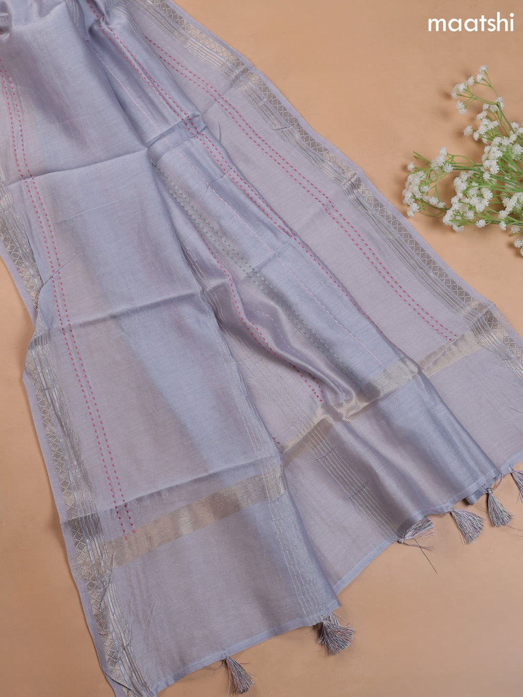 Greyish Blue Mul Chanderi Dress Material With Embroidery Work & Kantha Stitch Work Border