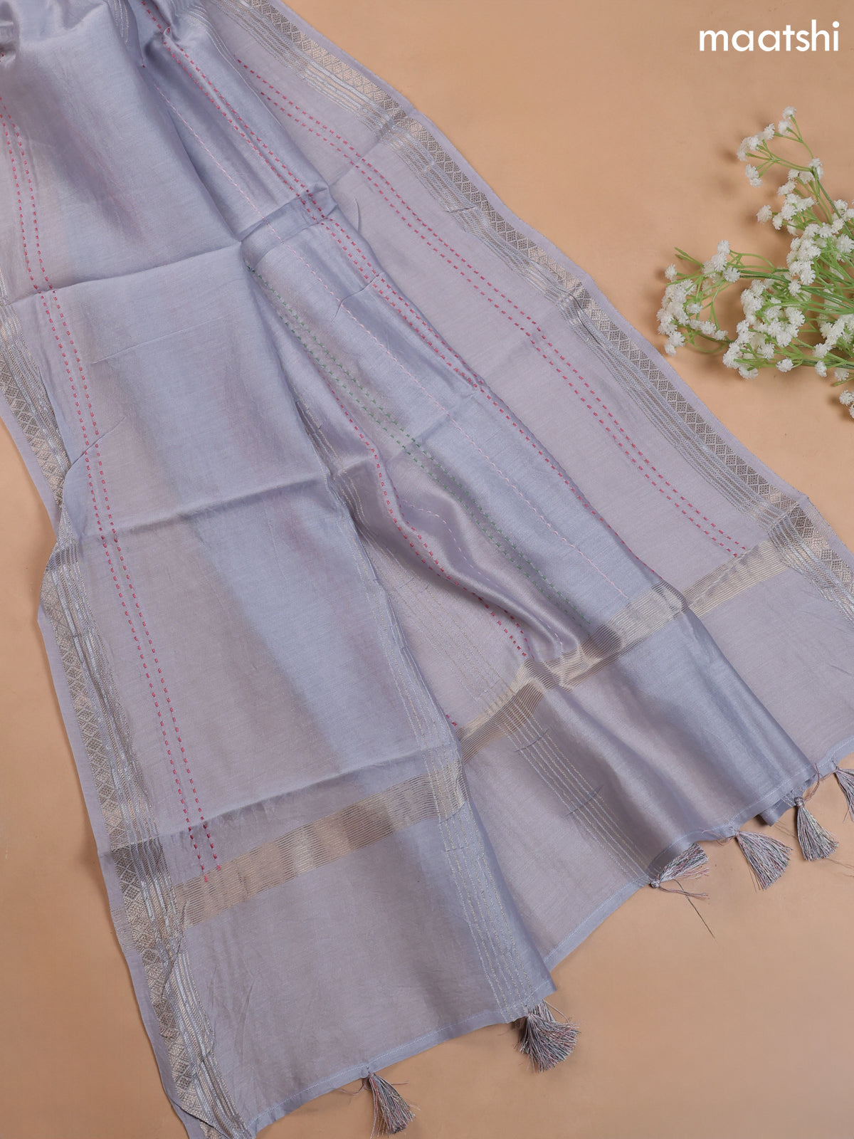 Greyish Blue Mul Chanderi Dress Material With Embroidery Work & Kantha Stitch Work Border