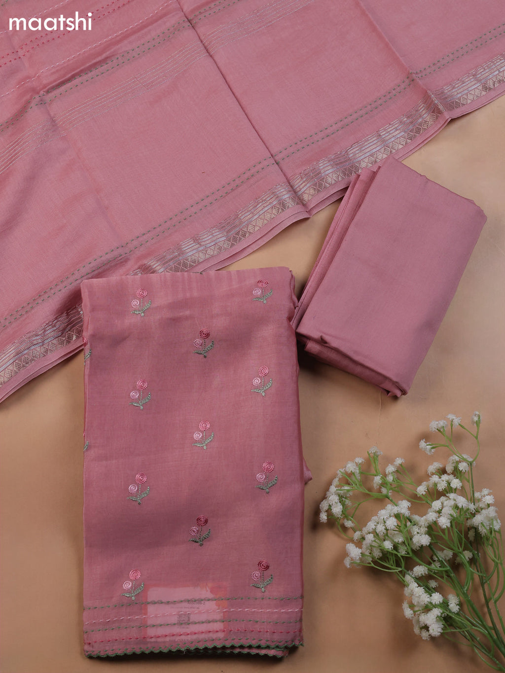 Peach Pink Mul Chanderi Dress Material With Embroidery Work & Kantha Stitch Work Border