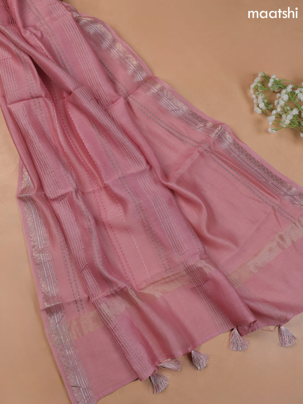 Peach Pink Mul Chanderi Dress Material With Embroidery Work & Kantha Stitch Work Border
