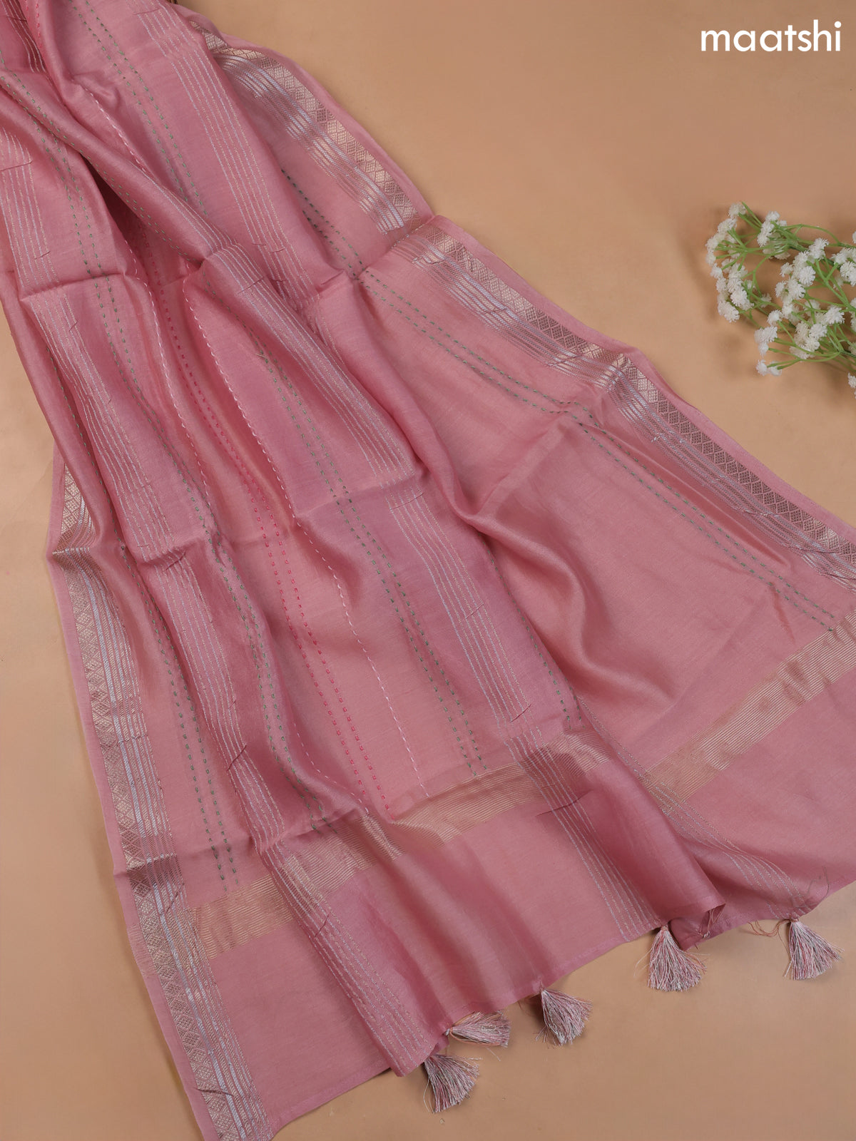Peach Pink Mul Chanderi Dress Material With Embroidery Work & Kantha Stitch Work Border