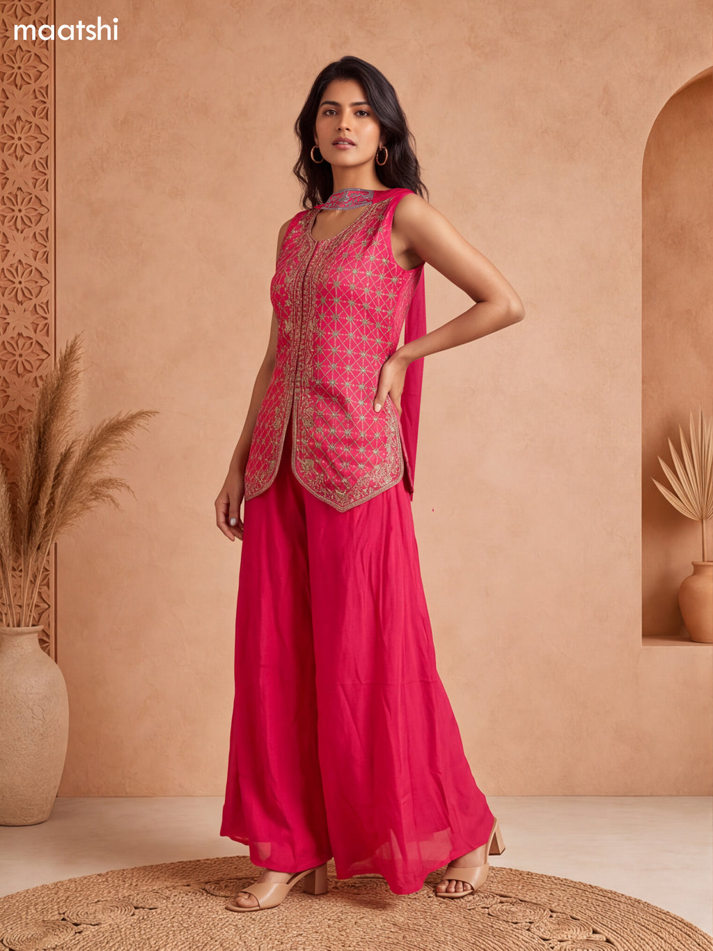 Rani Pink Tissue Embroidery Work Short Straight Suit