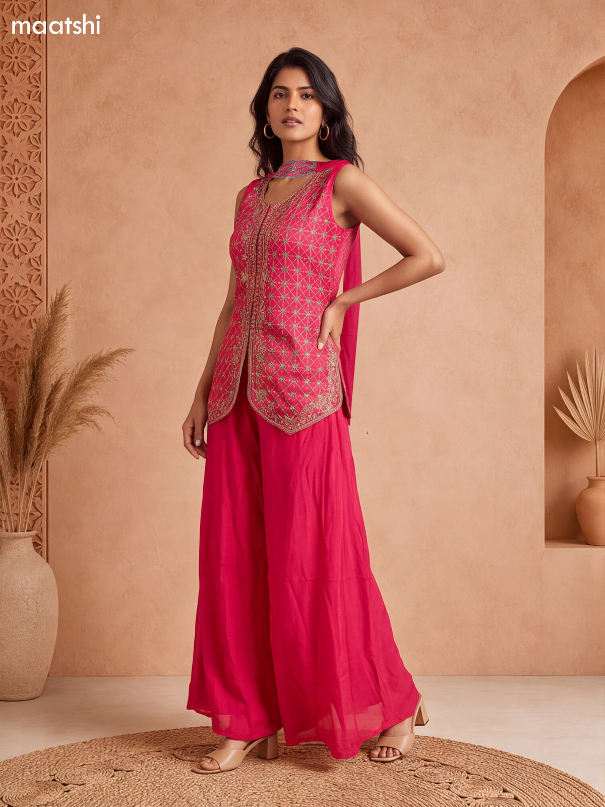 Rani Pink Tissue Embroidery Work Short Straight Suit