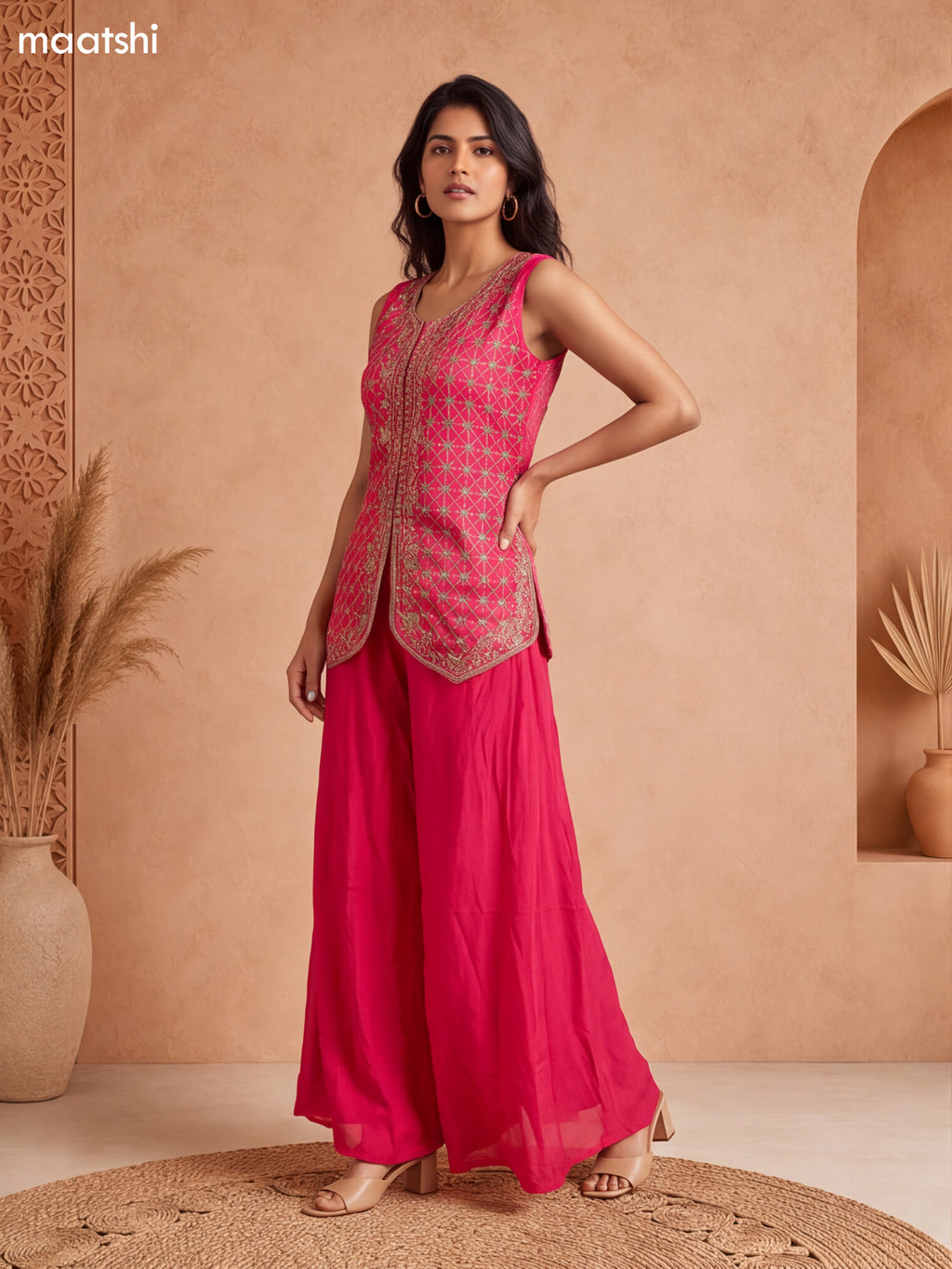 Rani Pink Tissue Embroidery Work Short Straight Suit