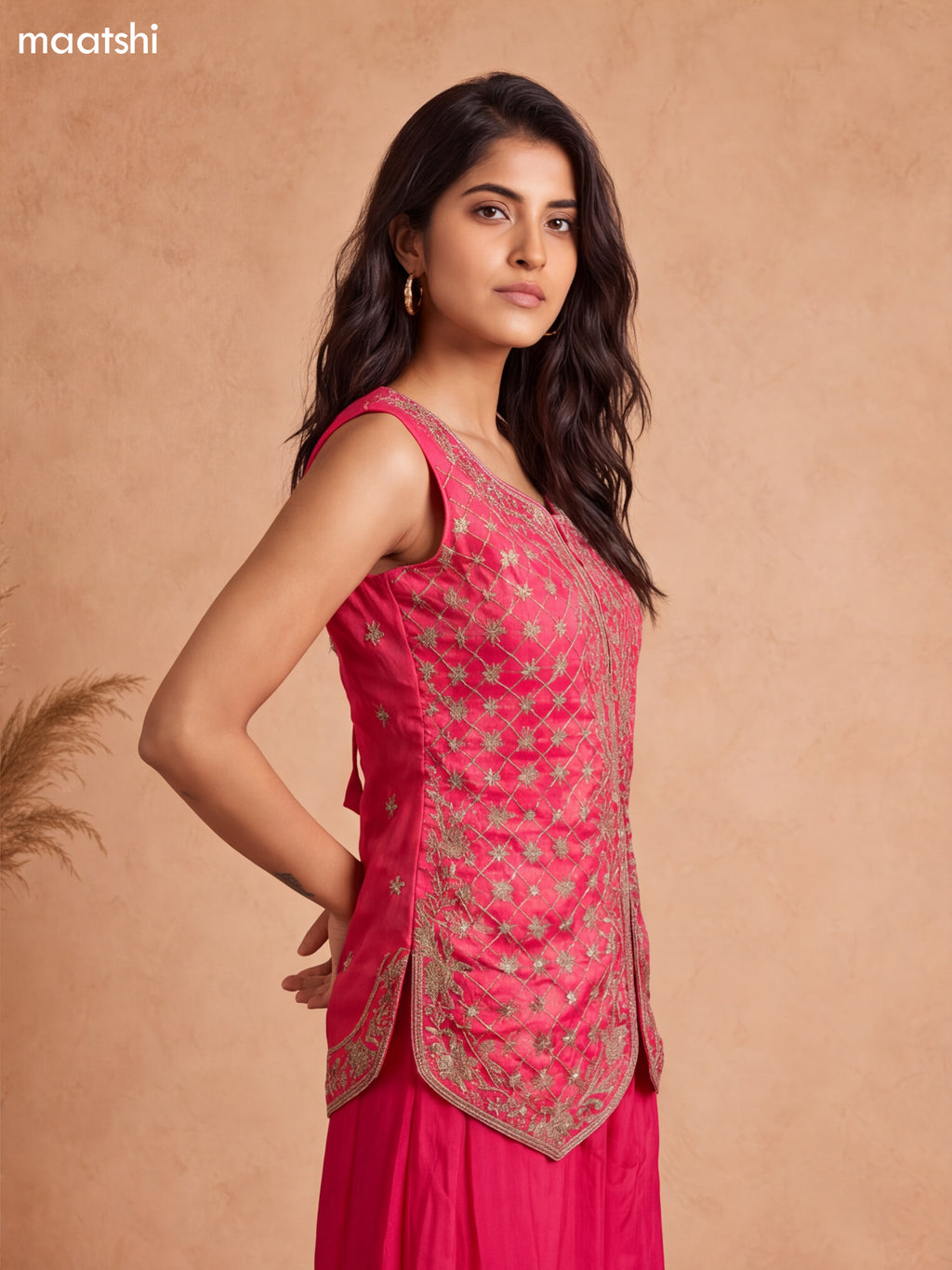 Rani Pink Tissue Embroidery Work Short Straight Suit