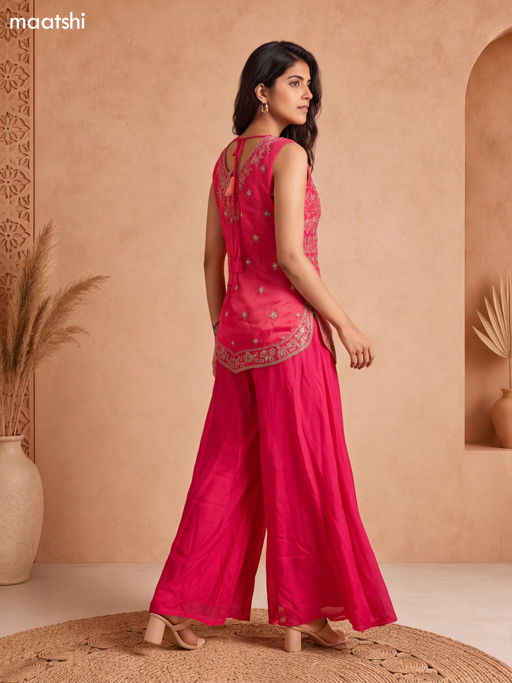 Rani Pink Tissue Embroidery Work Short Straight Suit