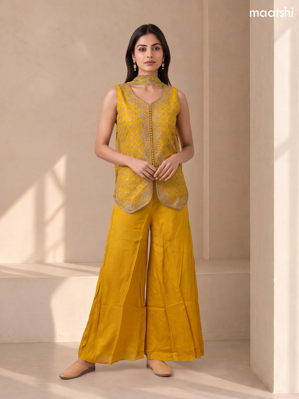 Mustard Yellow Tissue Embroidery Work Short Straight Suit