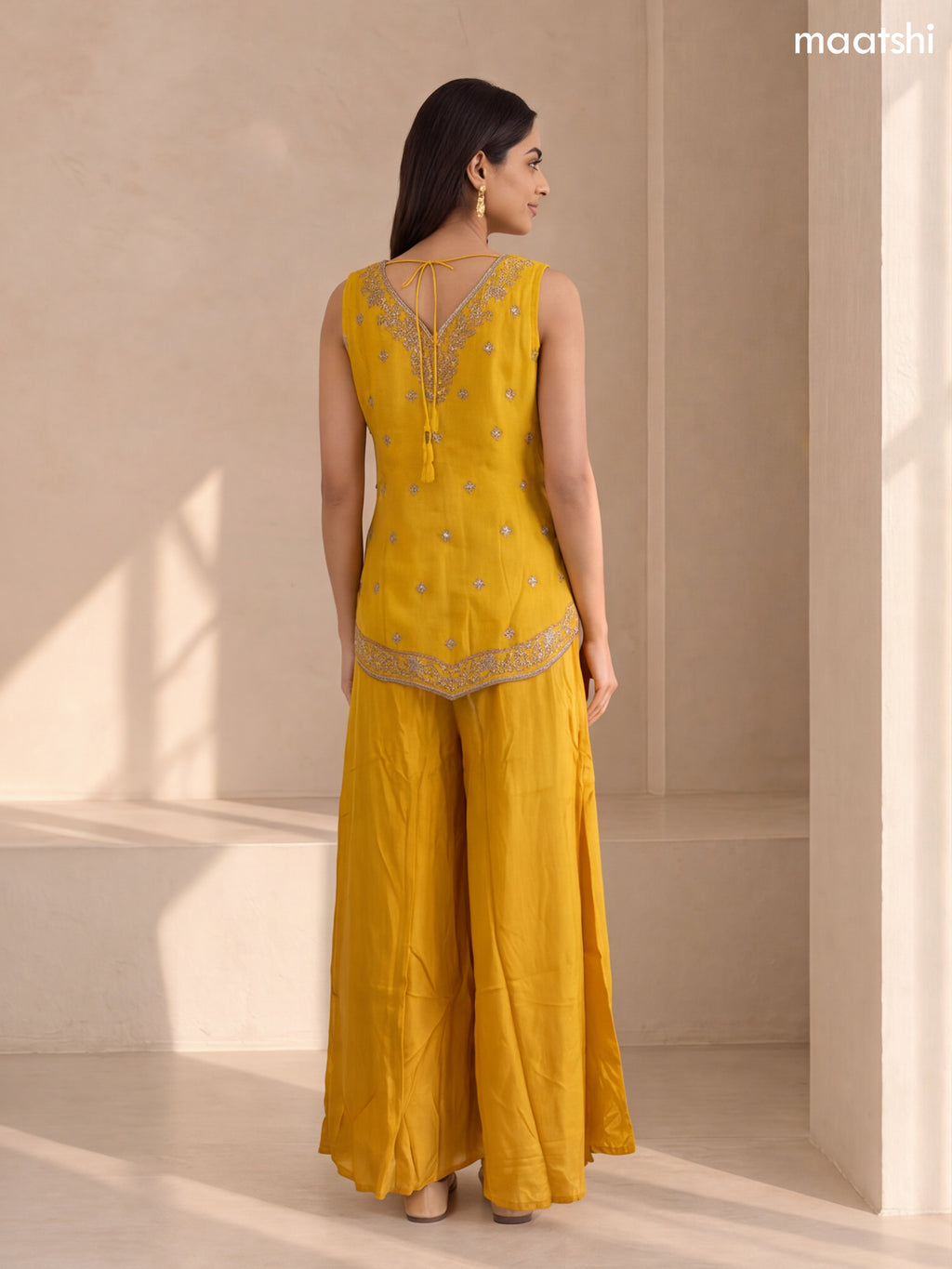 Mustard Yellow Tissue Embroidery Work Short Straight Suit