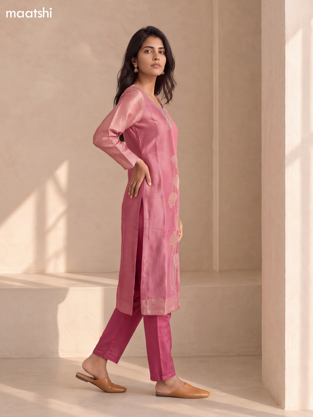 Mauve Pink Tissue Embroidery Work Straight Suit
