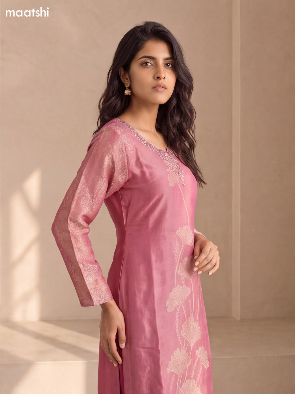 Mauve Pink Tissue Embroidery Work Straight Suit