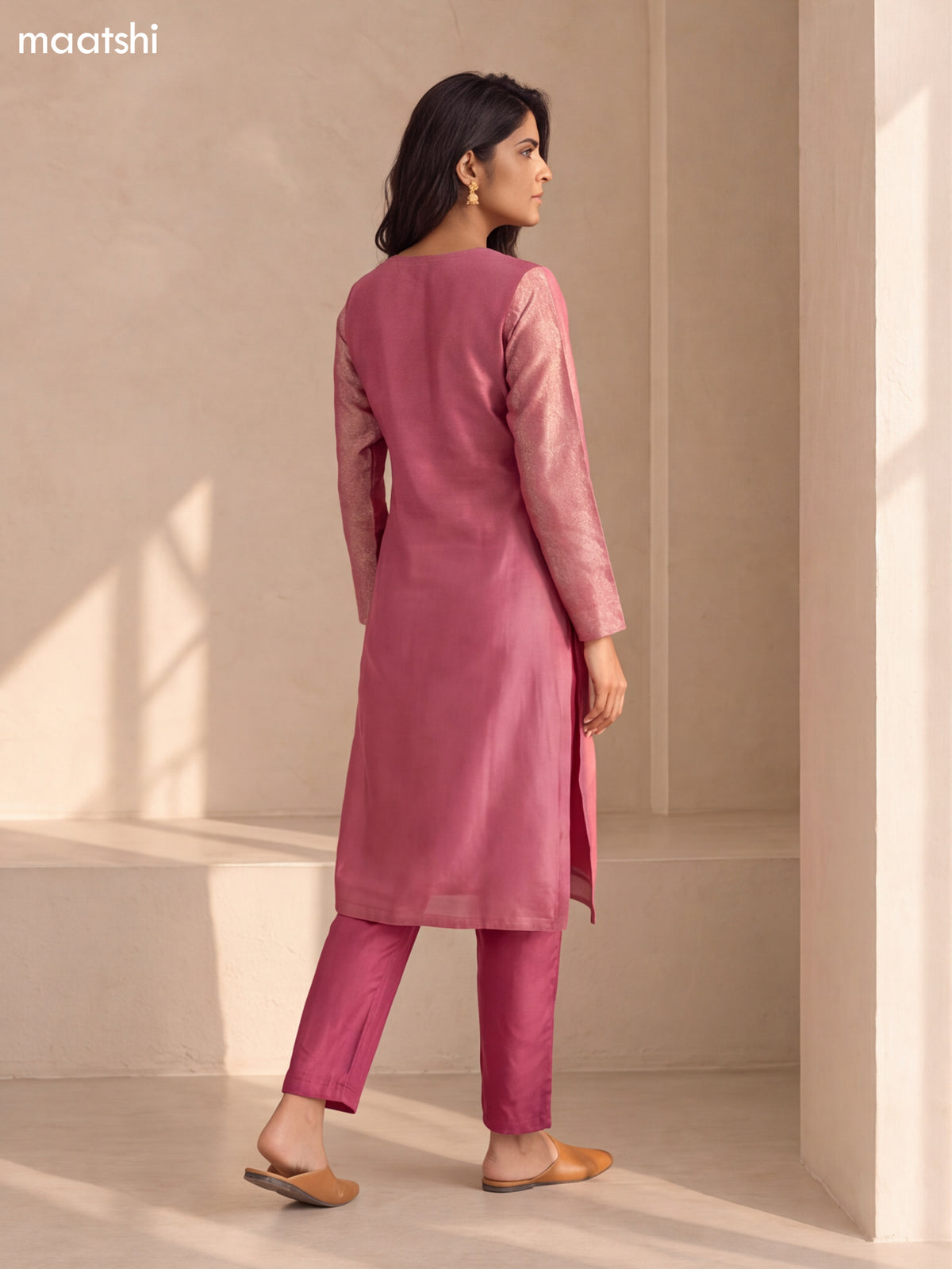 Mauve Pink Tissue Embroidery Work Straight Suit