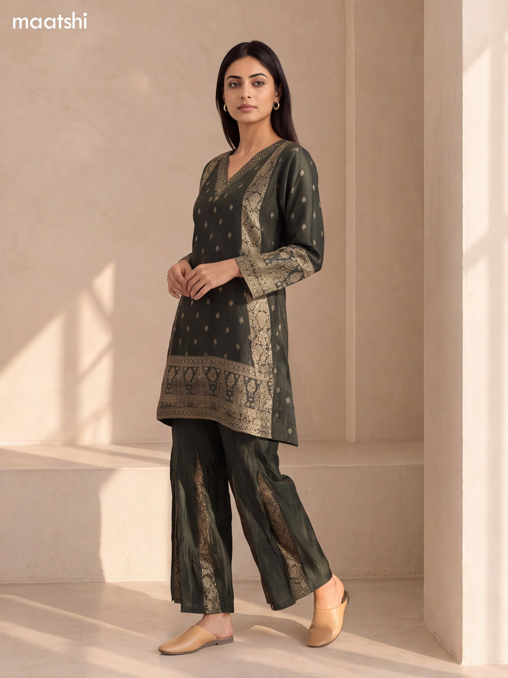Dark Green Art Tussar Embroidery Work Short Kurti Set