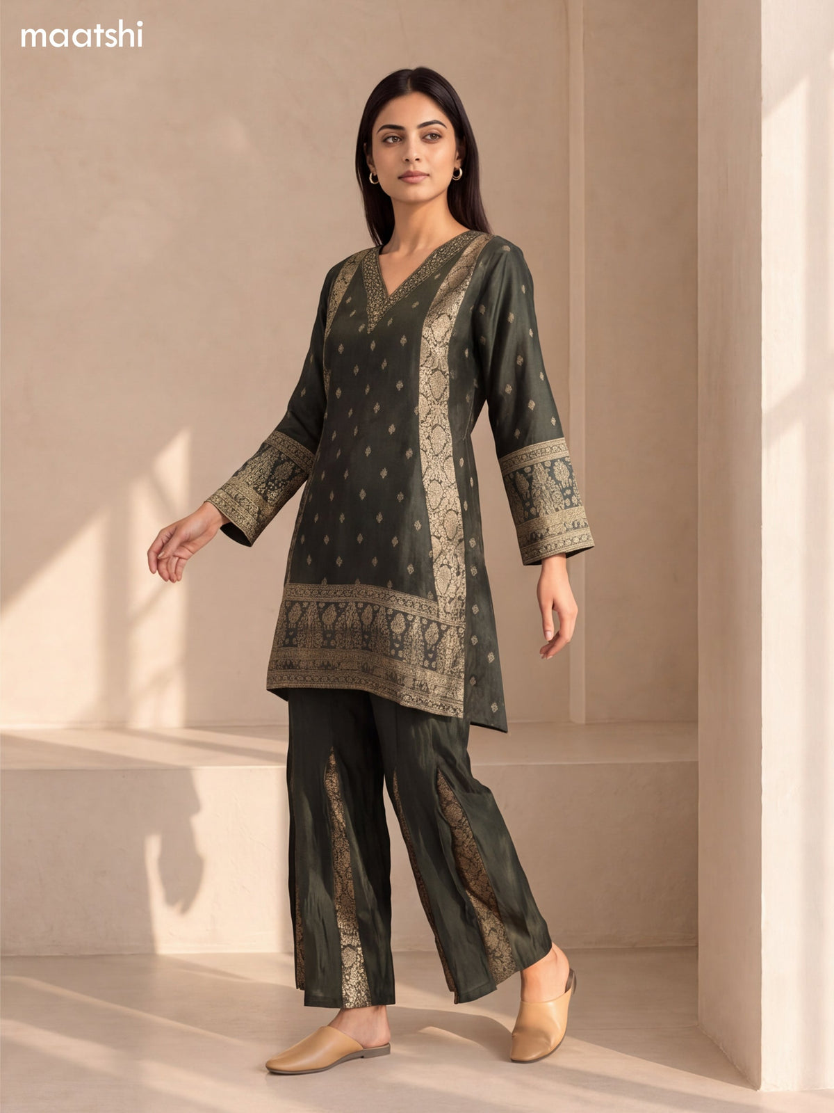 Dark Green Art Tussar Embroidery Work Short Kurti Set
