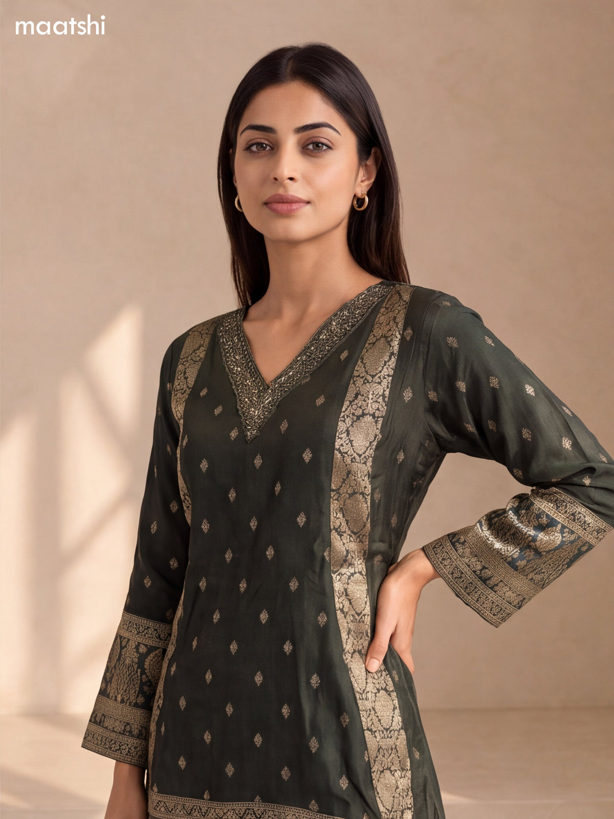 Dark Green Art Tussar Embroidery Work Short Kurti Set