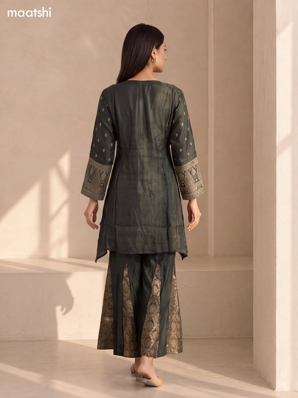 Dark Green Art Tussar Embroidery Work Short Kurti Set